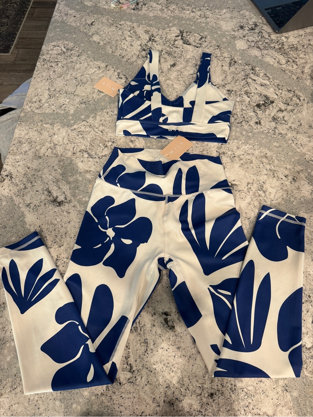 Willow Blue & White Floral Print Leggings and Matching Sports Bra